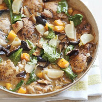 Braised Chicken with Squash, Turnips & Mushrooms